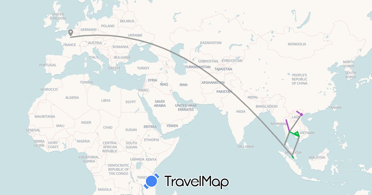 TravelMap itinerary: driving, bus, plane, train in France, Cambodia, Malaysia, Thailand, Vietnam (Asia, Europe)